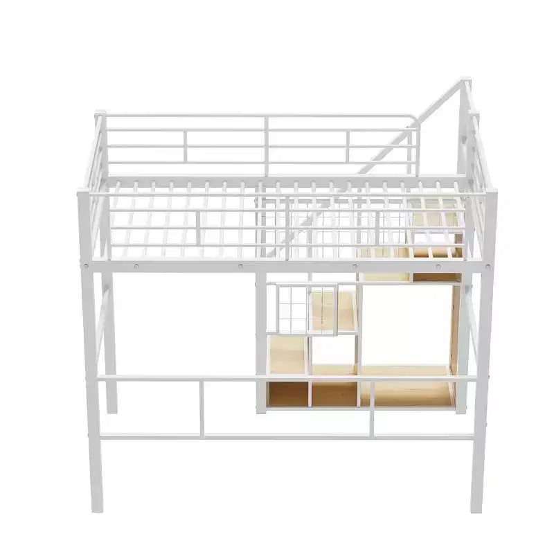 Twin Size Metal Loft Bed with Stairs and Built-In Wardrobe - Decorative Mesh, 250 lb Capacity