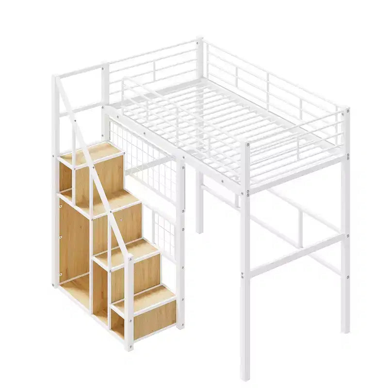 Twin Size Metal Loft Bed with Stairs and Built-In Wardrobe - Decorative Mesh, 250 lb Capacity