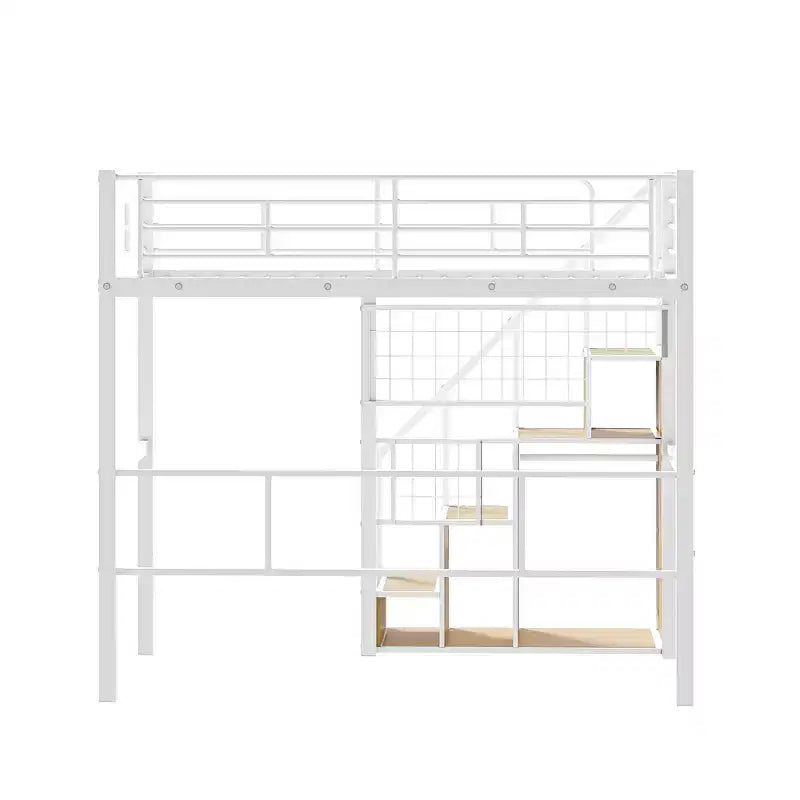 Twin Size Metal Loft Bed with Stairs and Built-In Wardrobe - Decorative Mesh, 250 lb Capacity