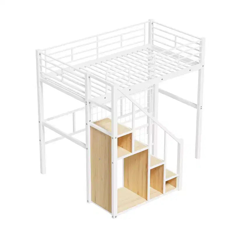 Twin Size Metal Loft Bed with Stairs and Built-In Wardrobe - Decorative Mesh, 250 lb Capacity