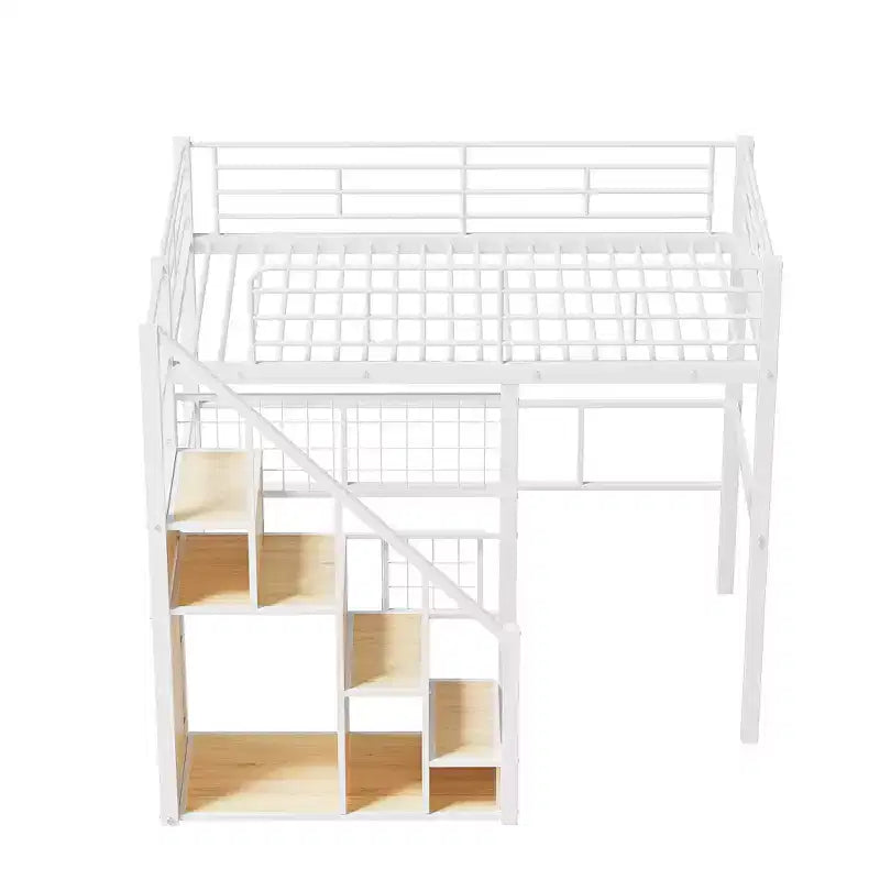 Twin Size Metal Loft Bed with Stairs and Built-In Wardrobe - Decorative Mesh, 250 lb Capacity