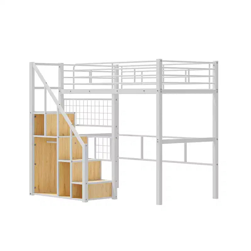 Twin Size Metal Loft Bed with Stairs and Built-In Wardrobe - Decorative Mesh, 250 lb Capacity