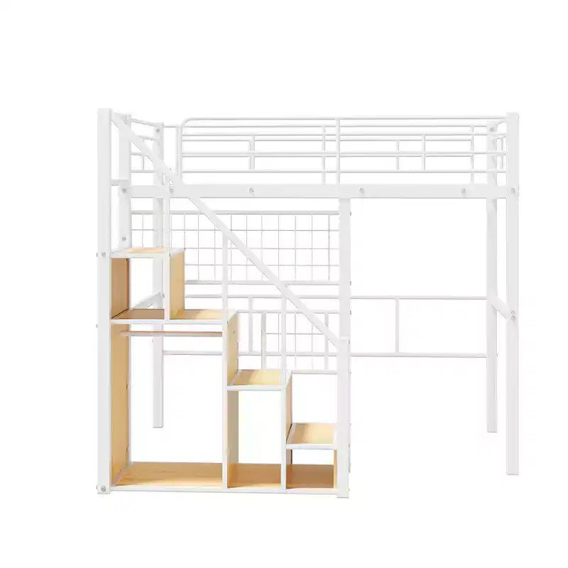 Twin Size Metal Loft Bed with Stairs and Built-In Wardrobe - Decorative Mesh, 250 lb Capacity