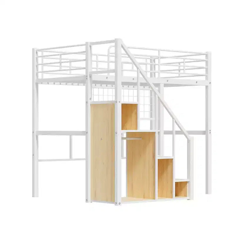 Twin Size Metal Loft Bed with Stairs and Built-In Wardrobe - Decorative Mesh, 250 lb Capacity