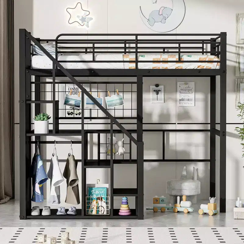 Twin Size Metal Loft Bed with Stairs and Built-In Wardrobe - Decorative Mesh, 250 lb Capacity