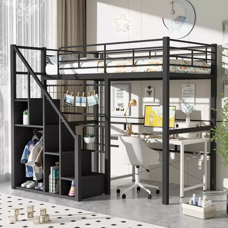 Twin Size Metal Loft Bed with Stairs and Built-In Wardrobe - Decorative Mesh, 250 lb Capacity