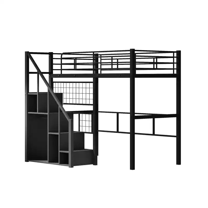 Twin Size Metal Loft Bed with Stairs and Built-In Wardrobe - Decorative Mesh, 250 lb Capacity