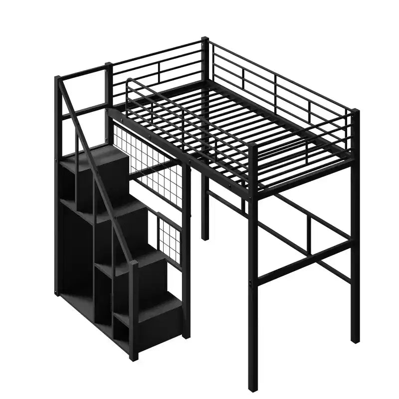 Twin Size Metal Loft Bed with Stairs and Built-In Wardrobe - Decorative Mesh, 250 lb Capacity