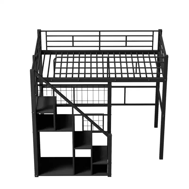 Twin Size Metal Loft Bed with Stairs and Built-In Wardrobe - Decorative Mesh, 250 lb Capacity