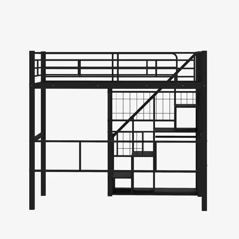 Twin Size Metal Loft Bed with Stairs and Built-In Wardrobe - Decorative Mesh, 250 lb Capacity
