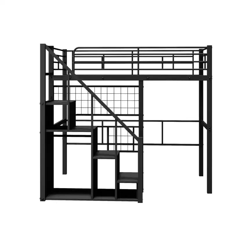 Twin Size Metal Loft Bed with Stairs and Built-In Wardrobe - Decorative Mesh, 250 lb Capacity