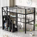 Twin Size Loft Bed with Stairs for Kids, Metal Loft Beds with Small Wardrobe, High Lofted Bed Frame with Decorative Mesh