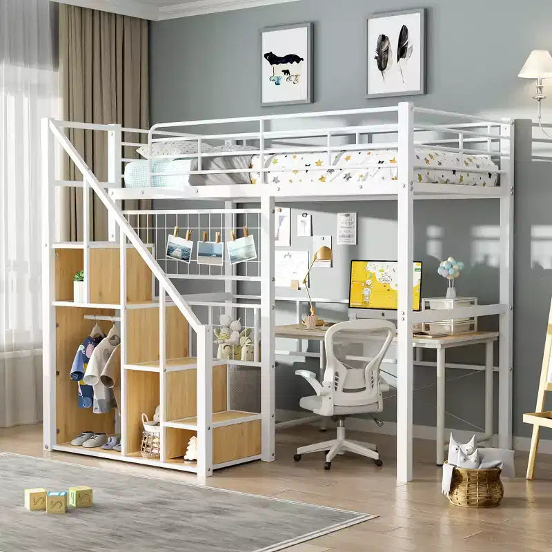 Twin Size Metal Loft Bed with Stairs and Built-In Wardrobe - Decorative Mesh, 250 lb Capacity