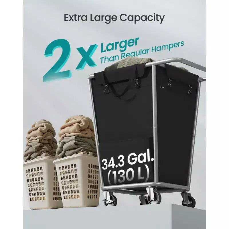 Rolling Laundry Basket with Wheels and Removable Bag - Steel Frame, 34.3 Gallon (130L), 44 lb Capacity