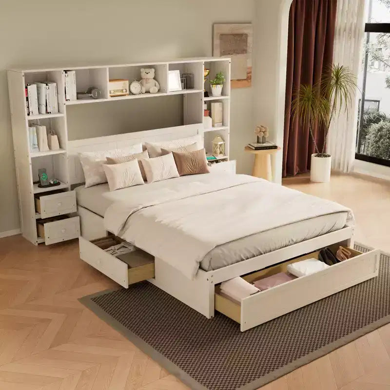 Queen Size Pine Wood Platform Bed with Nightstands, Bookcase, Drawers and Charging Ports