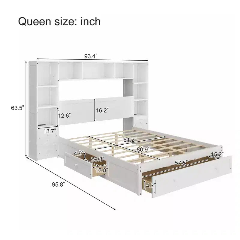 Queen Size Pine Wood Platform Bed with Nightstands, Bookcase, Drawers and Charging Ports