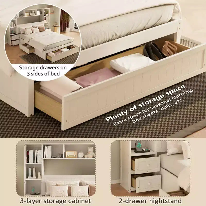 Queen Size Pine Wood Platform Bed with Nightstands, Bookcase, Drawers and Charging Ports