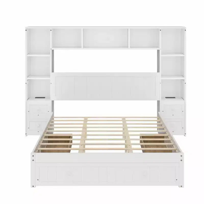 Queen Size Pine Wood Platform Bed with Nightstands, Bookcase, Drawers and Charging Ports