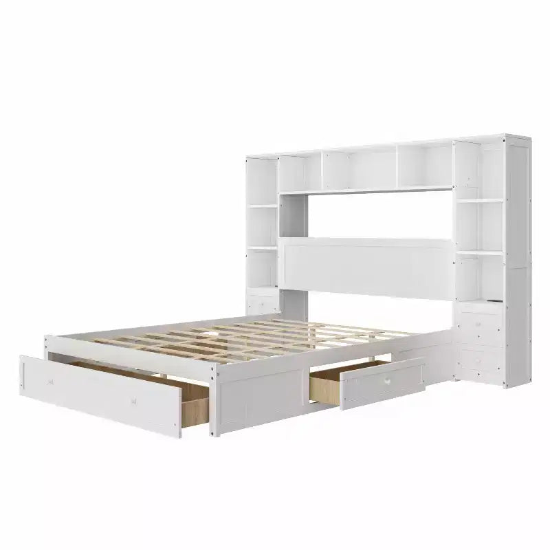 Queen Size Pine Wood Platform Bed with Nightstands, Bookcase, Drawers and Charging Ports