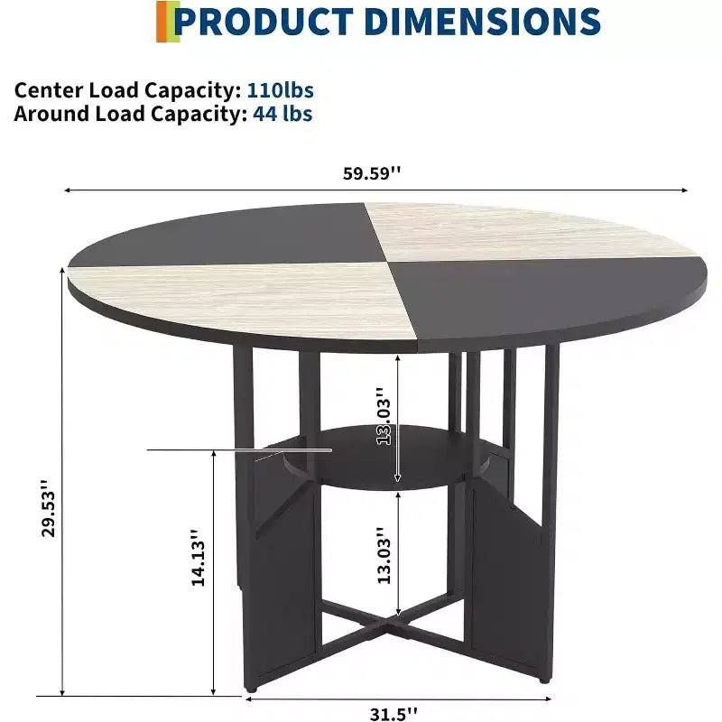 59" Round Dining Table for 4-6 People - Wood Top, Cross-Base, Adjustable Legs