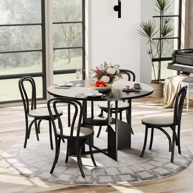 59" Round Dining Table for 4-6 People - Wood Top, Cross-Base, Adjustable Legs