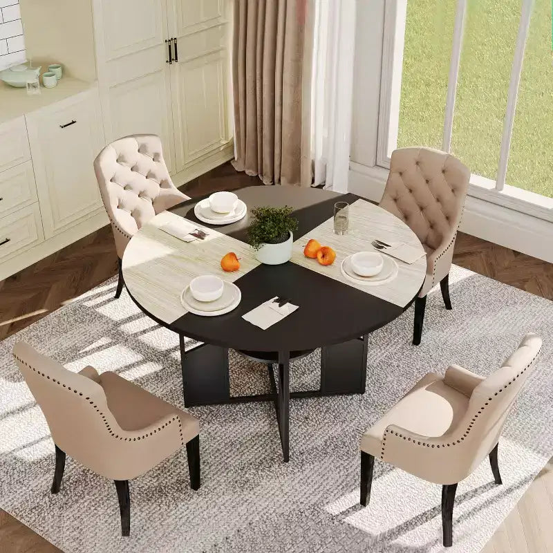59" Round Dining Table for 4-6 People - Wood Top, Cross-Base, Adjustable Legs