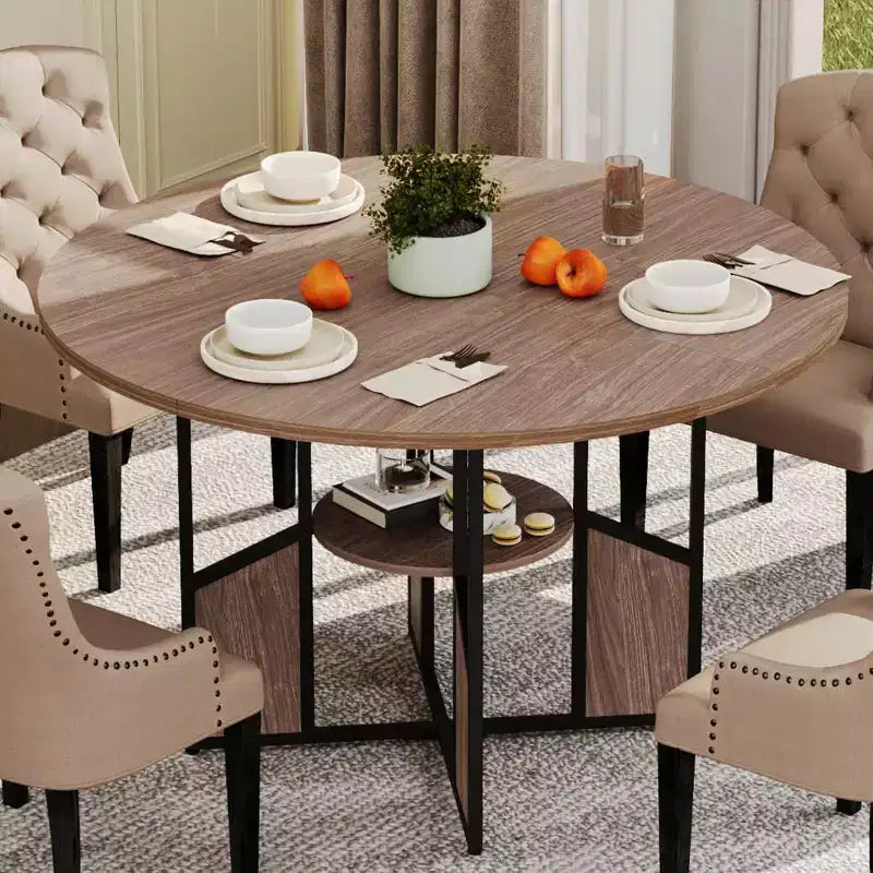 59" Round Dining Table for 4-6 People - Wood Top, Cross-Base, Adjustable Legs