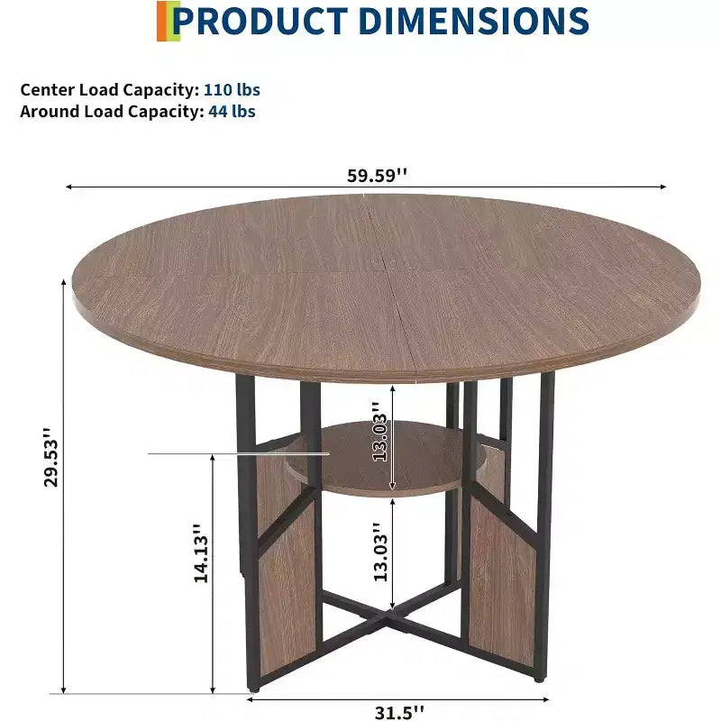 59" Round Dining Table for 4-6 People - Wood Top, Cross-Base, Adjustable Legs