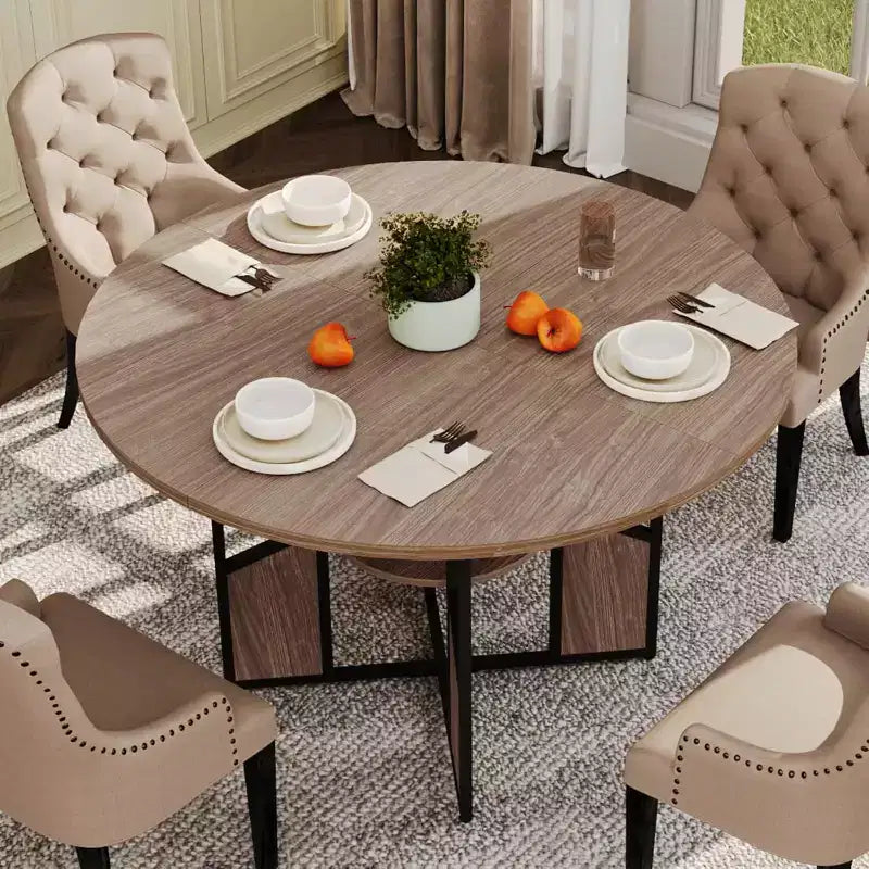 59" Round Dining Table for 4-6 People - Wood Top, Cross-Base, Adjustable Legs