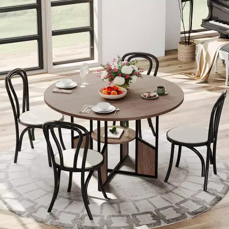 59" Round Dining Table for 4-6 People - Wood Top, Cross-Base, Adjustable Legs
