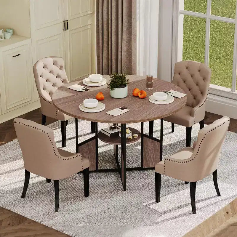 59" Round Dining Table for 4-6 People - Wood Top, Cross-Base, Adjustable Legs
