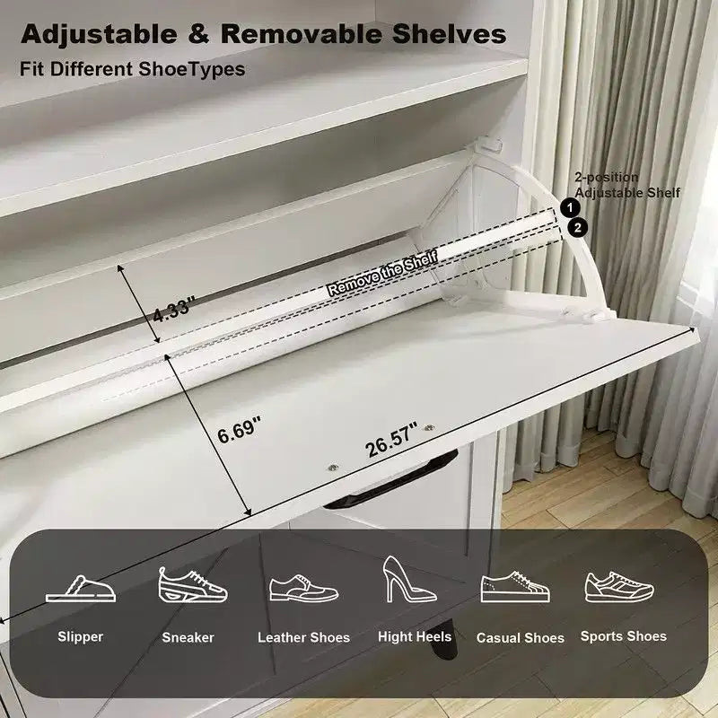 Farmhouse Shoe Storage Cabinet with 4 Flip Drawers and Open Storage, Freestanding Narrow Shoe Rack for Entryway, Hallway