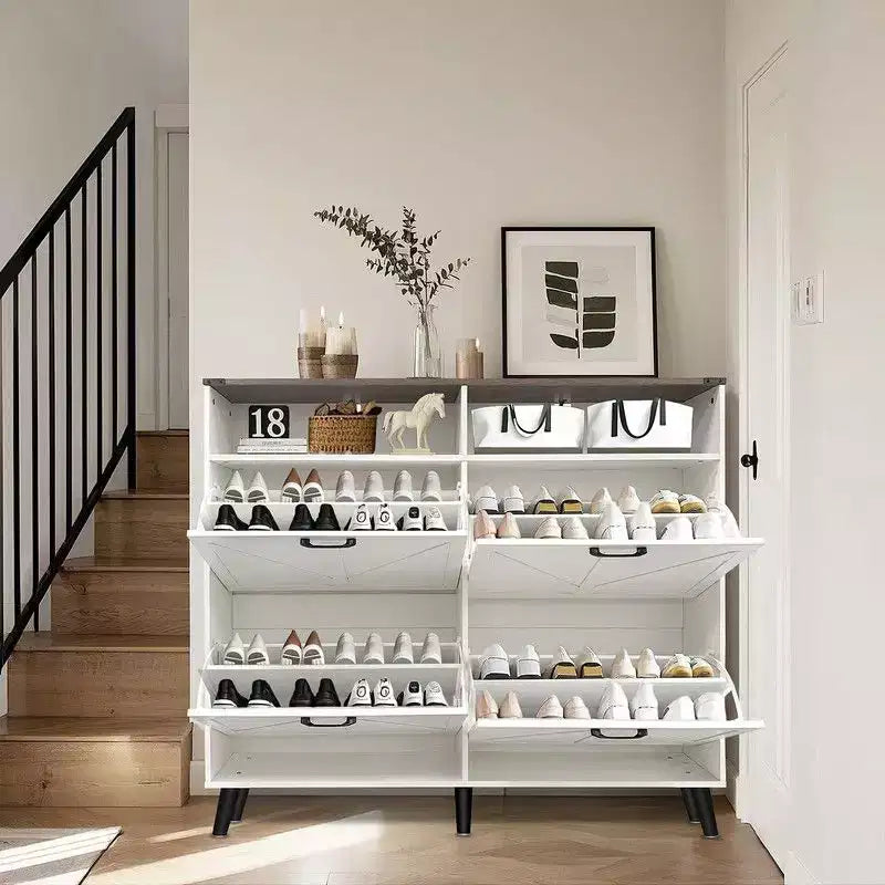 Farmhouse Shoe Storage Cabinet with 4 Flip Drawers and Open Storage, Freestanding Narrow Shoe Rack for Entryway, Hallway