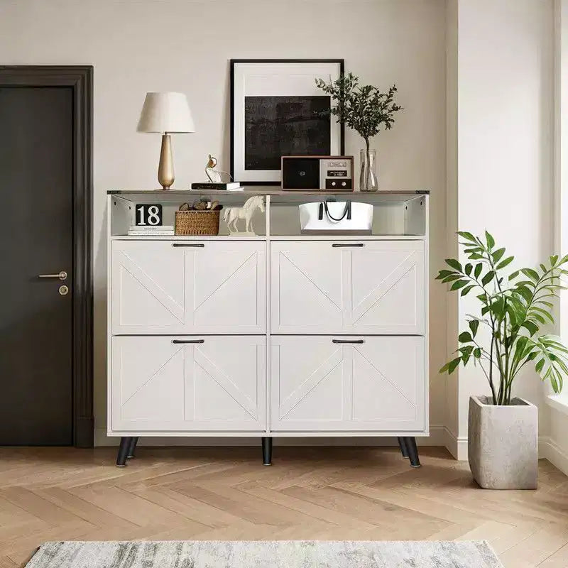 Farmhouse Shoe Storage Cabinet with 4 Flip Drawers and Open Storage, Freestanding Narrow Shoe Rack for Entryway, Hallway