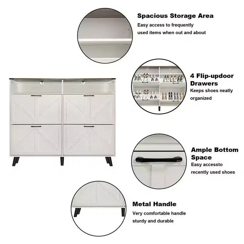 Farmhouse Shoe Storage Cabinet with 4 Flip Drawers and Open Storage, Freestanding Narrow Shoe Rack for Entryway, Hallway