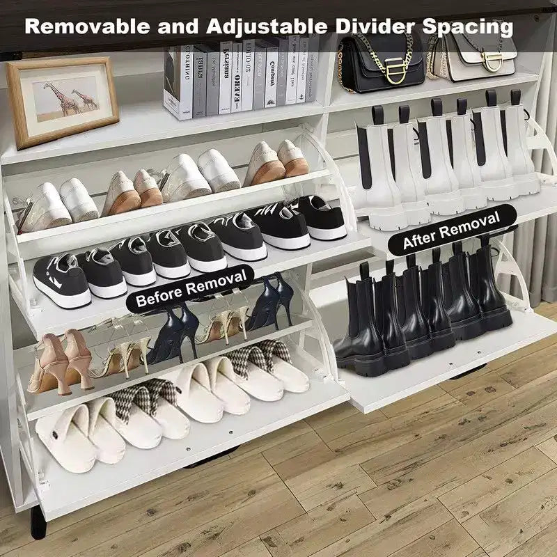 Farmhouse Shoe Storage Cabinet with 4 Flip Drawers and Open Storage, Freestanding Narrow Shoe Rack for Entryway, Hallway