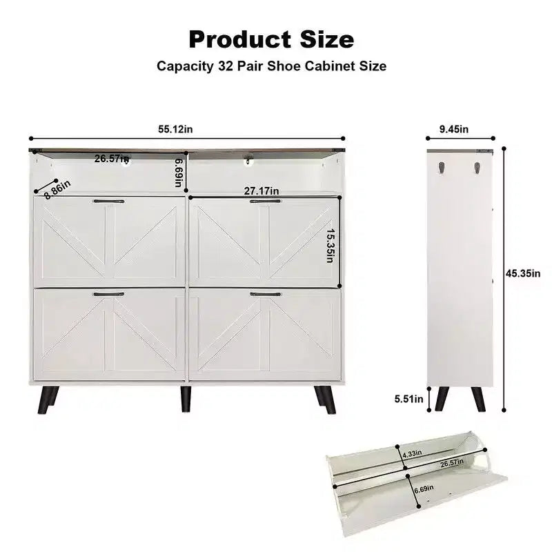 Farmhouse Shoe Storage Cabinet with 4 Flip Drawers and Open Storage, Freestanding Narrow Shoe Rack for Entryway, Hallway