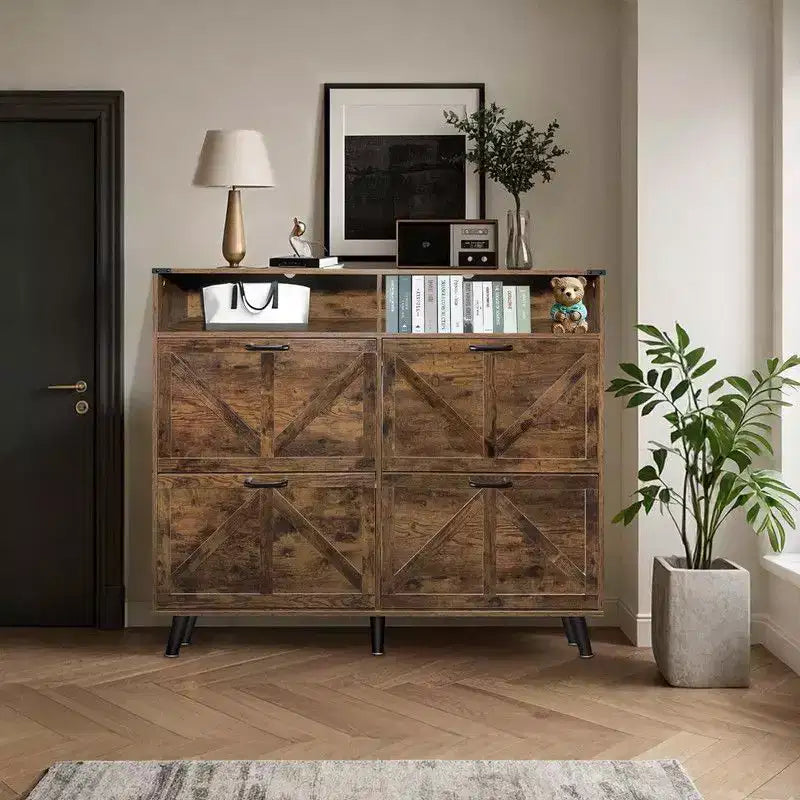 Farmhouse Shoe Storage Cabinet with 4 Flip Drawers and Open Storage, Freestanding Narrow Shoe Rack for Entryway, Hallway
