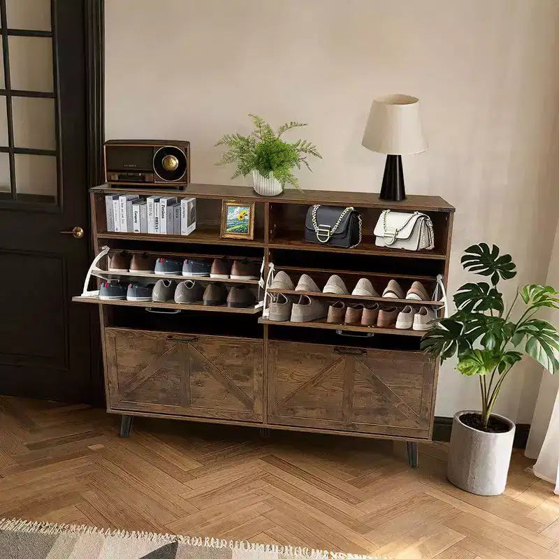 Farmhouse Shoe Storage Cabinet with 4 Flip Drawers and Open Storage, Freestanding Narrow Shoe Rack for Entryway, Hallway