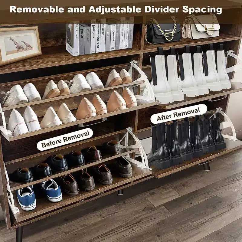 Farmhouse Shoe Storage Cabinet with 4 Flip Drawers and Open Storage, Freestanding Narrow Shoe Rack for Entryway, Hallway