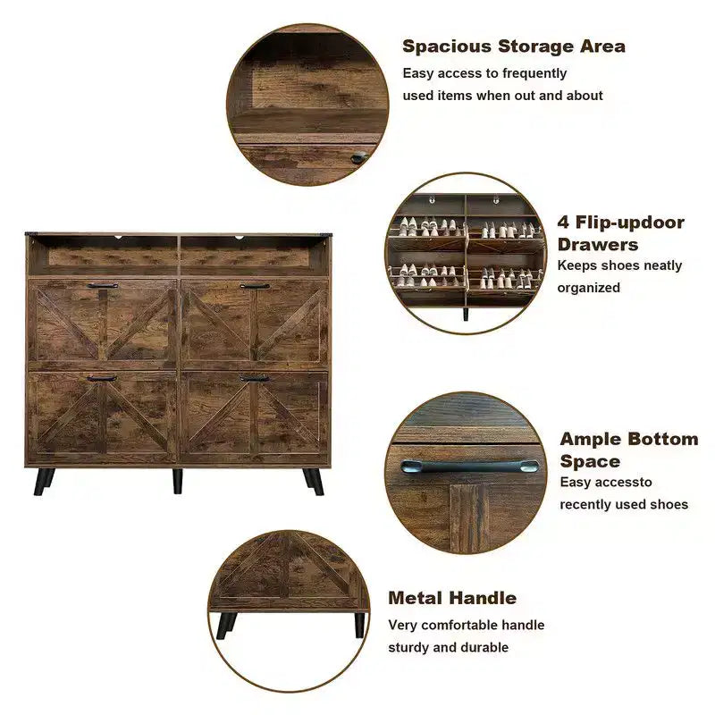 Farmhouse Shoe Storage Cabinet with 4 Flip Drawers and Open Storage, Freestanding Narrow Shoe Rack for Entryway, Hallway