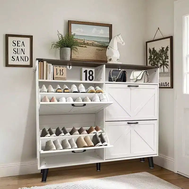 Farmhouse Shoe Storage Cabinet with 4 Flip Drawers and Open Storage, Freestanding Narrow Shoe Rack for Entryway, Hallway