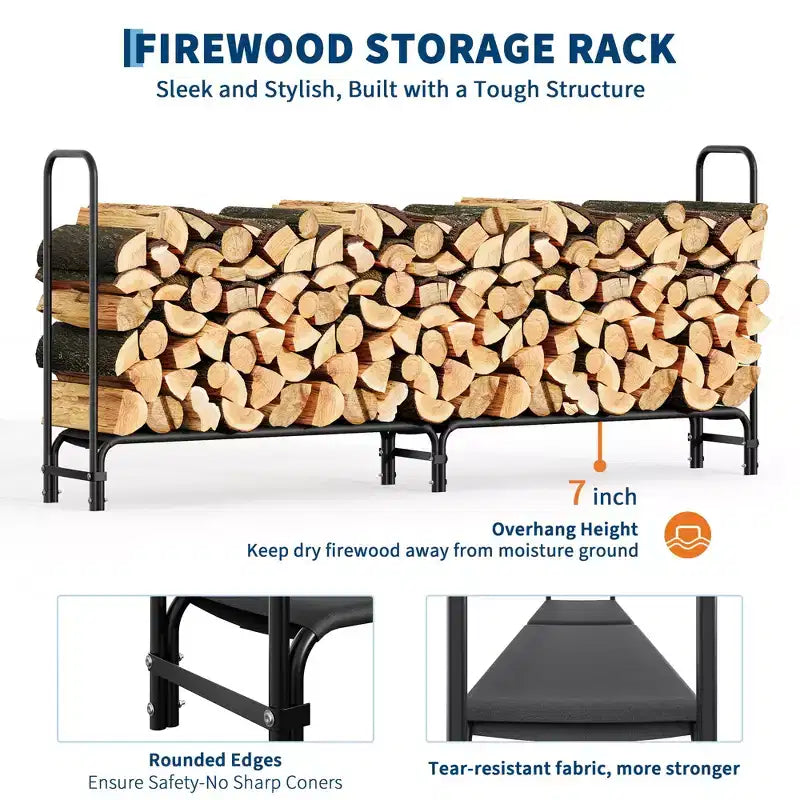 Black Heavy-Duty Firewood Rackfor Indoor/Outdoor Wood Storage