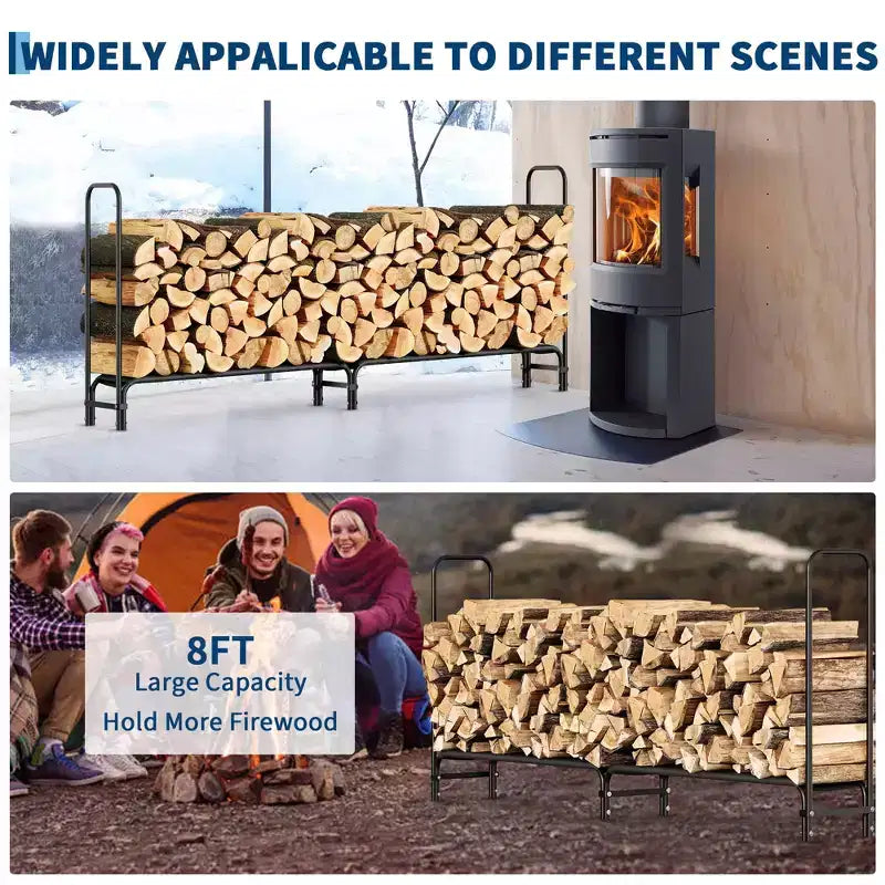 Black Heavy-Duty Firewood Rackfor Indoor/Outdoor Wood Storage