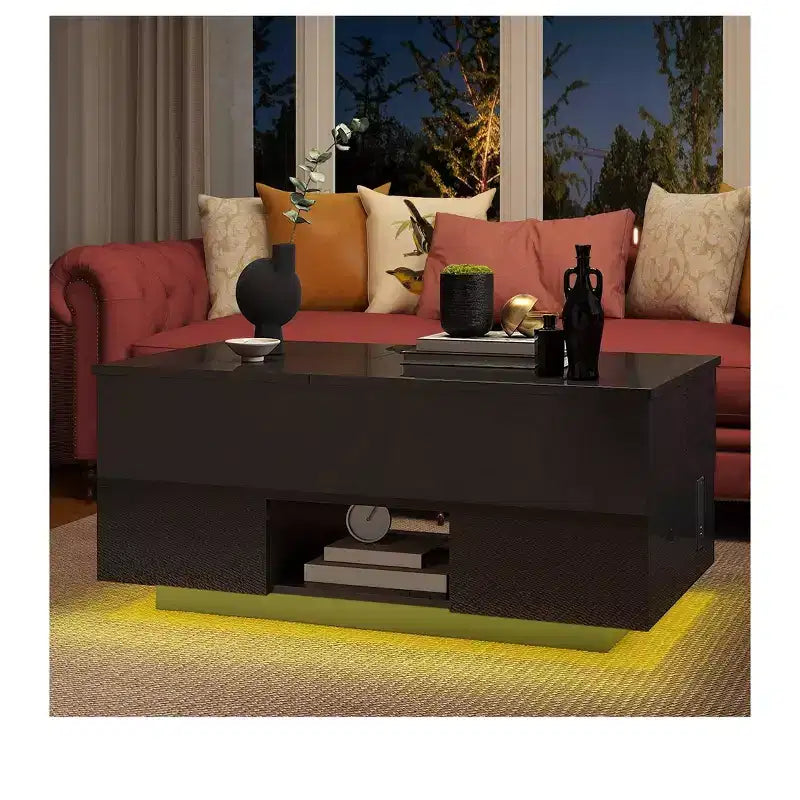 LED Lift Top High Gloss Coffee Table With Charging Station 2 Storage Drawers & Open Shelf For Living Room Organizer Modern Design