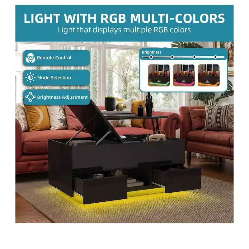 LED Lift Top High Gloss Coffee Table With Charging Station 2 Storage Drawers & Open Shelf For Living Room Organizer Modern Design