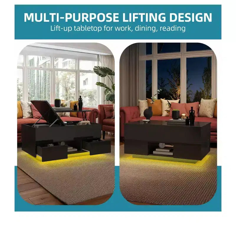 LED Lift Top High Gloss Coffee Table With Charging Station 2 Storage Drawers & Open Shelf For Living Room Organizer Modern Design