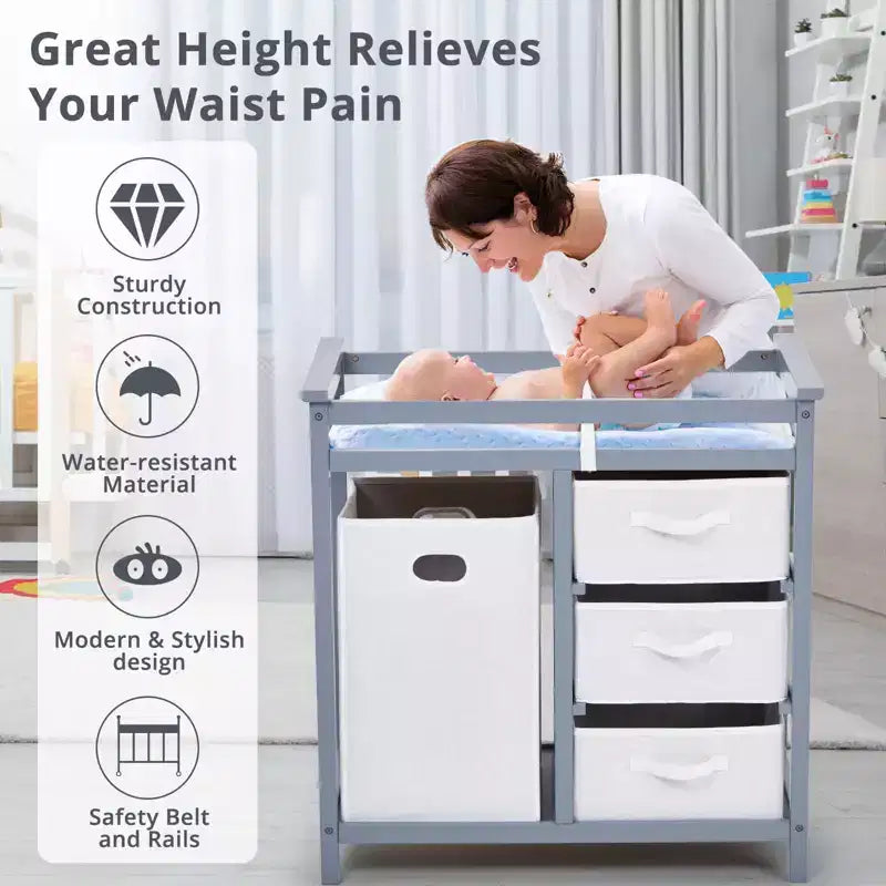 Wooden Baby Changing Table, Modern Diaper Changing Table, Infant Diaper Station Dresser with Laundry Hamper, 3 Drawer Basket
