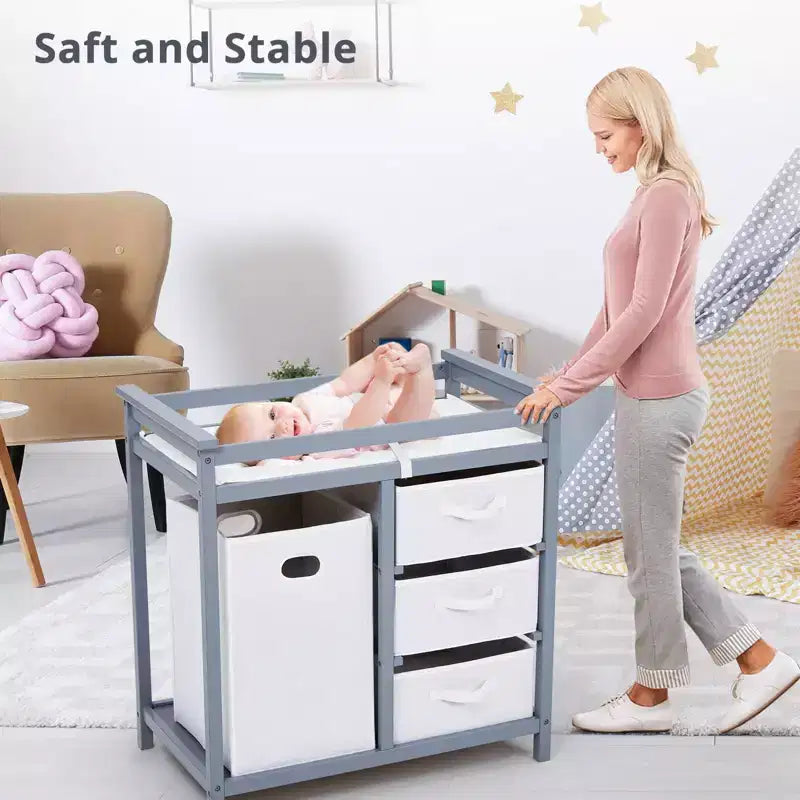 Wooden Baby Changing Table, Modern Diaper Changing Table, Infant Diaper Station Dresser with Laundry Hamper, 3 Drawer Basket