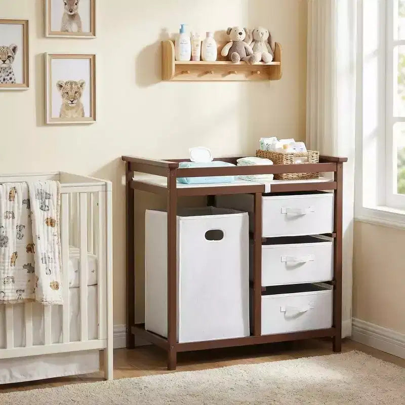 Wooden Baby Changing Table, Modern Diaper Changing Table, Infant Diaper Station Dresser with Laundry Hamper, 3 Drawer Basket